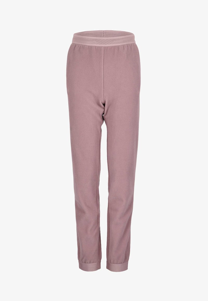 Roze fleecetruien met een zachte textuur, een elastische tailleband met perforaties en taps toelopende benen met omslag-onderkanten.