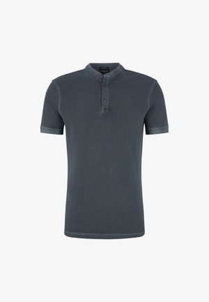 Dunkelgraues Poloshirt mit kurzen Ärmeln, aus weichem Baumwollstoff, mit einem runden Kragen, drei Knöpfen und dezentem Steppdetail an den Ärmeln.