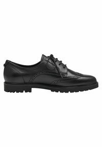 Scarpe in pelle nera con lacci, dettagli brogue, punta rotonda e suola in gomma robusta. Presentano una texture liscia e una leggera lucentezza.