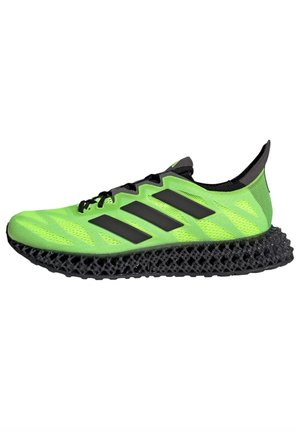 Zapatilla de correr Adidas de color verde brillante con cordones negros, tres rayas negras y una suela de rejilla negra impresa en 3D.