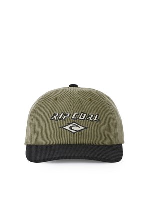 Gorra de béisbol de pana en verde oliva y negro con el logo y símbolo de "RIP CURL" bordados en blanco y negro en el panel frontal.