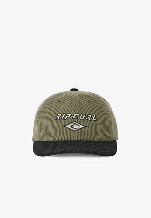 Gorra de béisbol de pana en verde oliva y negro con el logo y símbolo de "RIP CURL" bordados en blanco y negro en el panel frontal.