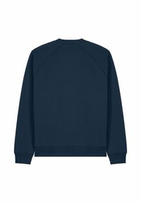 Sweatshirt bleu marine avec un col rond, des poignets et un ourlet côtelés. Présente des manches raglan et une texture lisse et douce. Aucun graphique ni motif.