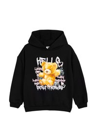 Sudadera negra con un gráfico de oso de peluche en color amarillo, texto en blanco y rosa que dice "HOLA", "mejores amigos" y "felices juntos."
