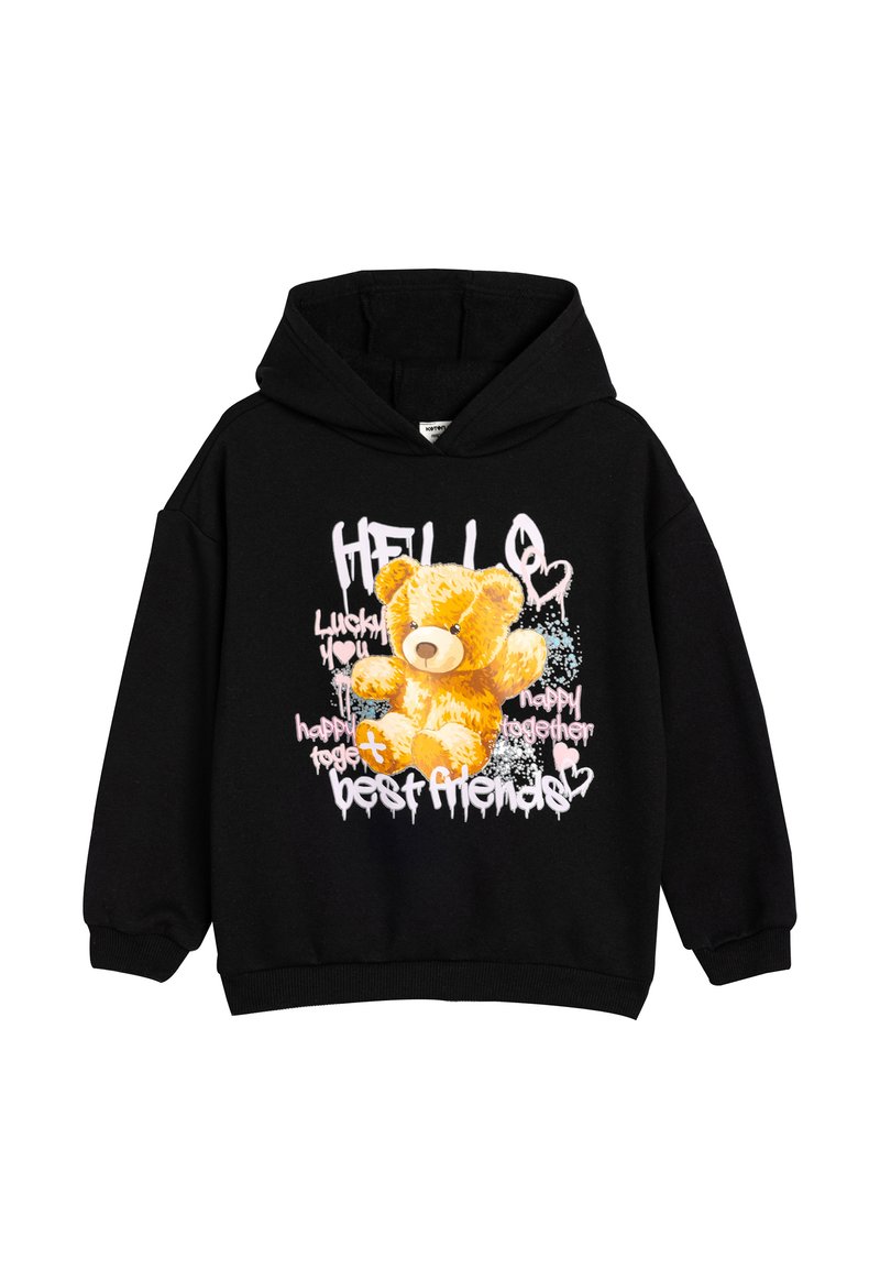 Sudadera negra con un gráfico de oso de peluche en color amarillo, texto en blanco y rosa que dice "HOLA", "mejores amigos" y "felices juntos."