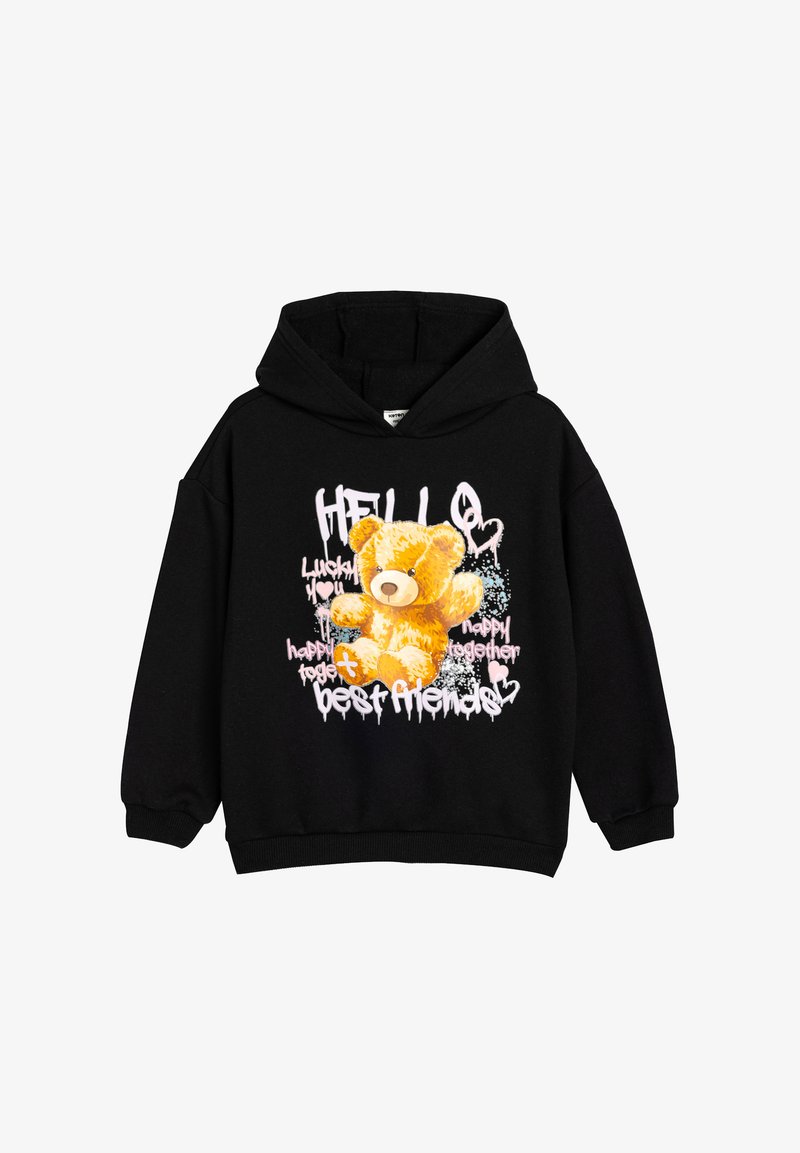 Un sweat à capuche noir avec un graphique de nounours en peluche, accompagné de texte jaune, blanc et rose disant "BONJOUR," "meilleurs amis," et "heureux ensemble."