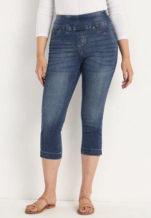 Denim capri-byxor i mörkblått med hög midja, figurnära passform och vända fållar. Tyget har en lätt blekt finish och diskreta sömnadsdetaljer.