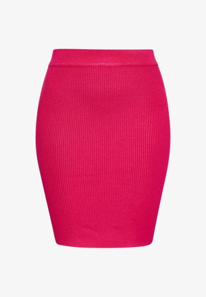 Prigludusi pieštuko sijonas ryškiai rožinės spalvos, pagamintas iš raukšlėtos medžiagos. Sukurtas su aukštu liemeniu ir lygiu, struktūrizuotu paviršiumi be jokių papuošimų.