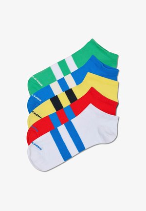 Multicolored enkelsokken set, met groen, blauw, geel, rood en wit. Elk paar heeft unieke patronen en contrasterende strepen.