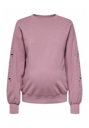 Light pink sweatshirt with oversized fit, ribbed cuffs, and embroidered floral details on sleeves. Soft fabric, rounded neckline, and elastic hem.