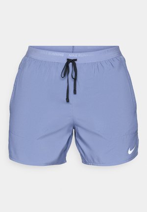 Shorts de running de color azul claro, hechos de tejido sintético, con una cinturilla elástica y cordón negro, y un pequeño logo blanco en el lateral.