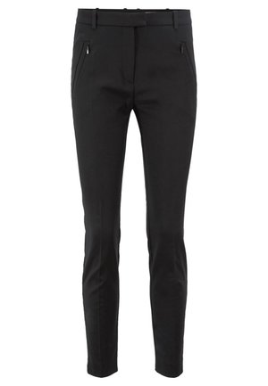 Black tailored trousers made from lightweight fabric, featuring a slim fit, flat front, and two side pockets with zippers.