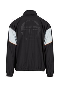 Juodas švarkas su elastinga apatine dalimi ir rankogaliais, šviesiai pilki paneliai ant viršutinių rankovių su plonu oranžiniu apvadu ir taškuotuoju apvaliu logotipu ant nugaros.