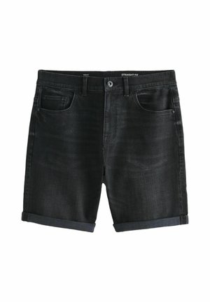 Fekete, egyenes szabású farmer rövidnadrág felhajtott szegéllyel, elöl gombos és zsebekkel, fehér háttéren.