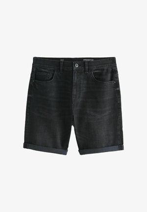 Pantaloni scurți negri din denim, croi drept, cu tivuri întoarse, nasture frontal și buzunare, pe fundal alb.