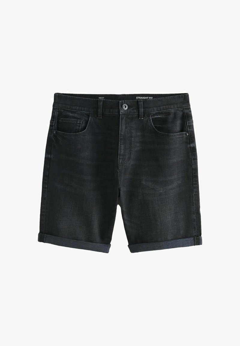 Czarne szorty jeansowe o prostym kroju z podwiniętymi mankietami, z przodu zapinane na guzik, z kieszeniami na białym tle.