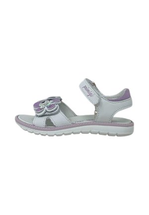 Sandali bianchi e lilla per bambini con un accento floreale, chiusura con fibbia e suola testurizzata. Progettati per comfort e supporto.