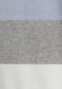 Knitted blanket with three horizontal stripes: light blue, grey, and white. Soft texture and varying knit patterns across the stripes.