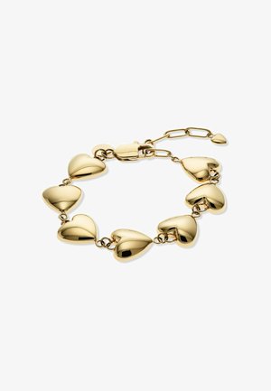 Bracelet en or avec sept maillons polis en forme de cœur et un fermoir à chaîne réglable sur fond blanc.