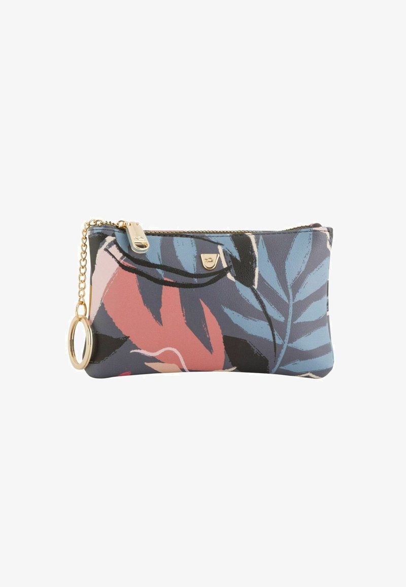 Multifarvet blomsterprint pung med en glat tekstiloverflade, sort lynlås, guld hardware og en kæde med en nøglering vedhæftning.
