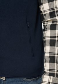 Κοντινή λήψη σε μπλε σκούρο fleece μπουφάν με κατακόρυφη τσέπη με φερμουάρ δίπλα σε μανίκι πουκάμισου με ασπρόμαυρο καρό.