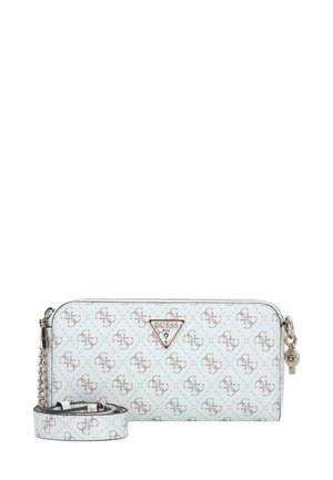 White wallet with textured surface, embossed logo pattern, gold-tone hardware, zipper closure, and detachable chain strap.
