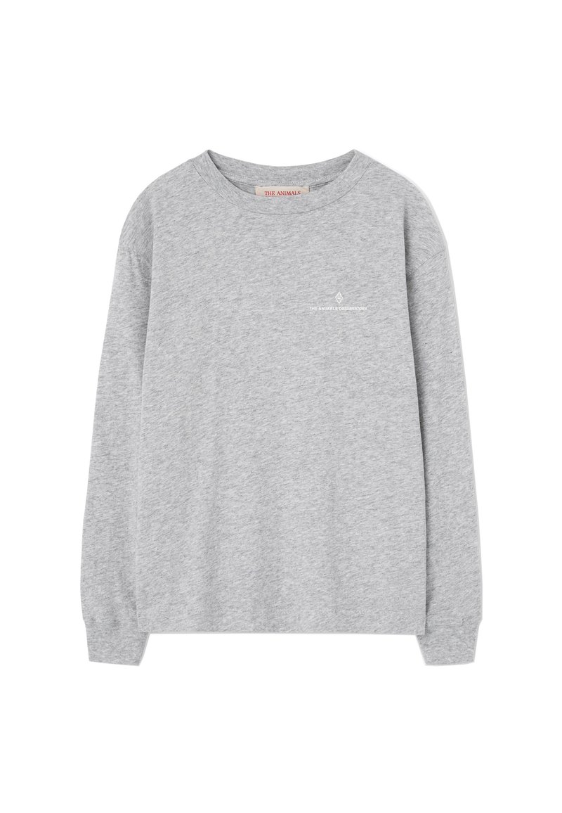 Gray sweatshirt with long sleeves, round neckline, and soft cotton fabric. Features a small white logo on the chest area. Minimalistic design.