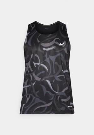 Black athletic tank top with swirling grey and dark patterns. Features a round neckline and a small logo on the front left. Smooth texture.