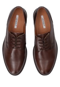 Braune Leder-Dressschuhe mit runder Zehenform, Schnürdesign, dezenten Nähten und einer glatten Textur.