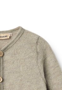 Cardigan per neonati in morbido cotone beige con scollo rotondo, bordature beige e bottoni in legno, taglia 9 mesi.