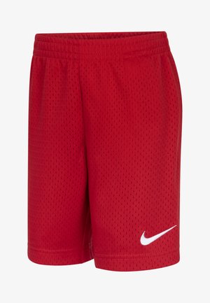 Punased võrkkangast spordipüksid elastse vöökohaga, millel on väikesed õhu läbilaskvust võimaldavad augud ning valge Nike logo paremal küljel.