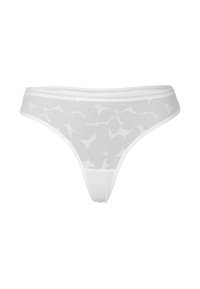 Tanga bianco con motivo floreale, realizzato in materiale trasparente. Presenta una cintura liscia e un design minimalista sul retro. Nessun dettaglio in metallo.