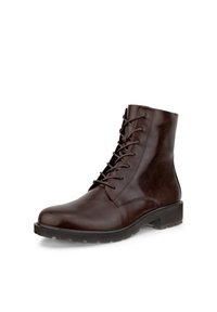Dunkelbrauner Leder-Schnürstiefel mit rundem Zehenbereich und Gummisohle, entworfen für legere oder formelle Anlässe.