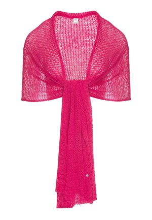 Jasnoróżowy szal o luźnym splocie i długich zwisających końcach, wyeksponowany na białym tle.