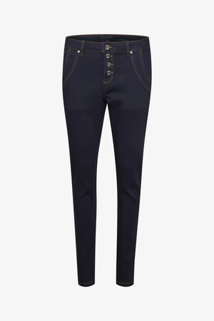 Marineblå denimjeans med slim fit, fem-knaps lynlås, kontrastfarvet orange syninger, to forlommer og en baglomme detalje.