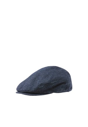 Dark blue flat cap made of textured fabric, shown against a white background.