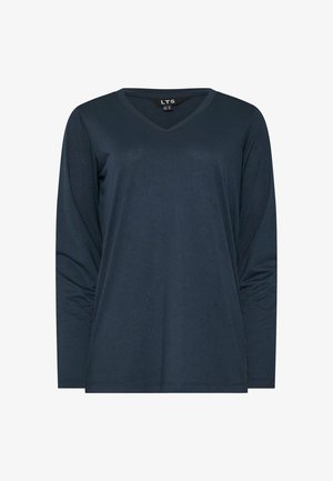 Chemise à manches longues bleu marine à col en V avec une texture lisse et une étiquette noire portant la mention "LTS" à l'intérieur du col.
