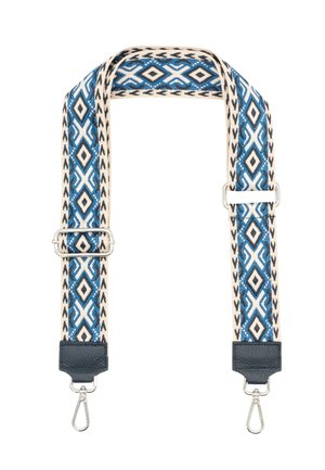 Woven fabric strap featuring blue, black, and cream geometric patterns, with silver hardware and a blue leather accent at the attachment point.