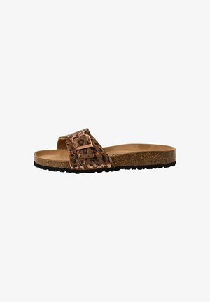 Leopard print slide sandal with a thick cork sole, featuring a wide strap and a metal buckle. Comfort-focused design in brown tones.