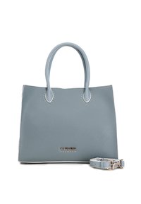 Borsa tote in pelle azzurra con due manici, una tracolla rimovibile e hardware in tonalità argento. Presenta dettagli cuciti e logo.