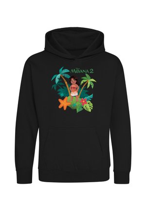Black hoodie with a colorful cartoon of a girl standing among palm trees, tropical leaves, a starfish, and a flower, with "Moana 2" text above.