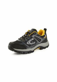 Czarno-szare buty trekkingowe z siateczkową cholewką, żółtymi akcentami, wzmocnionym czubkiem oraz teksturowaną gumową podeszwą dla lepszej przyczepności.