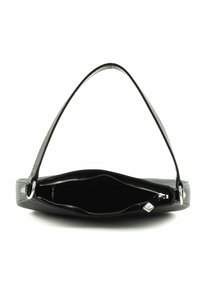 Sac à main texturé gris de forme ovale et plate, avec un intérieur noir, une fermeture éclair et une fine bandoulière assortie.