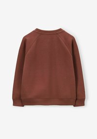 Sweatshirt en coton brun avec un col rond, des manches raglan et des poignets côtelés. Texture lisse sans motifs ni accents visibles.
