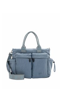 Grau gefärbte Stofftasche mit zwei oberen Griffen und einem abnehmbaren Schultergurt, ausgestattet mit zwei vorderen Reißverschlusstaschen und einer strukturierten Oberfläche.