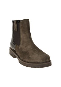 Bruine suède enkellaars met croco-embossed leren accenten, elastische zijpanelen en een stevige rubberen zool. Rond neusontwerp.