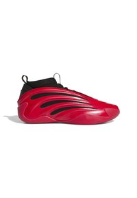 Scarpa da ginnastica rossa dal design elegante, con tomaia in plastica liscia, collo in tessuto nero e suola in gomma testurizzata.
