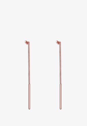 Cerceii din aur roz au un lanț lung cu un capăt tubular. Designul evidențiază linii elegante și o estetică minimalistă.