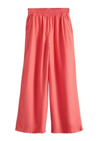 Pantalon corail à jambes larges avec taille élastiquée et poches latérales, coupe ample, tissu léger.