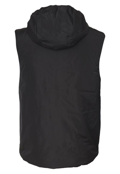 Gilet nero senza maniche con cappuccio, realizzato in un tessuto leggero e liscio. Il design è semplice, con linee pulite e senza ulteriori decorazioni.